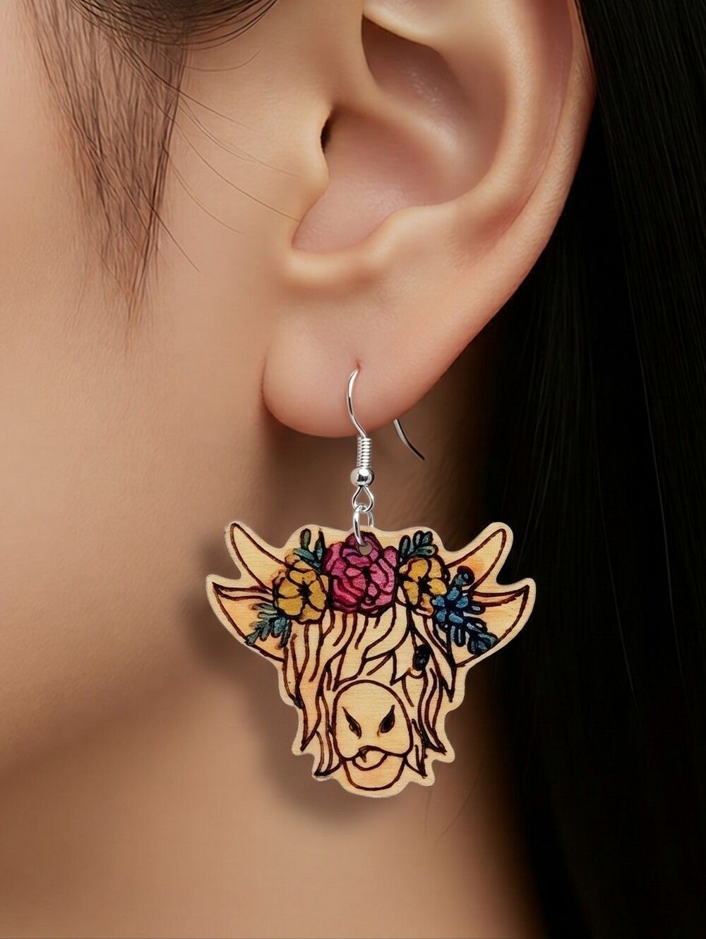 Boho Bovine Highland Cow Flower Crown Wooden Dangle Drop Jewelry Brown Rustic
